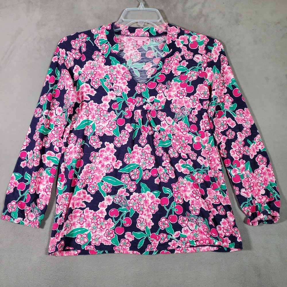 Lilly Pulitzer Joycee Tunic Top Womens M Pink Navy‎ Cherry Picker Preppy Beach